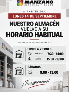 A partir de lunes 14 de septiembre, nuestro almacén vuelve a su horario habitual.

Mañanas: 7:30-14:00
Tardes: 15:30-19:00
Sábados: 9:00-13:00 

Te esperamos!!! 🧱🚛🚚🏗️